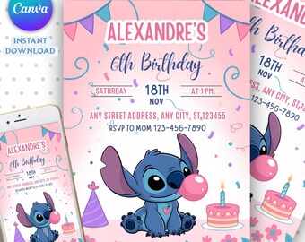 Invitación de cumpleaños de Stitch y Ángel, invitación de cumpleaños de Stitch editable, invitación digital para fiesta, invitación imprimible para fiesta de cumpleaños de Stitch