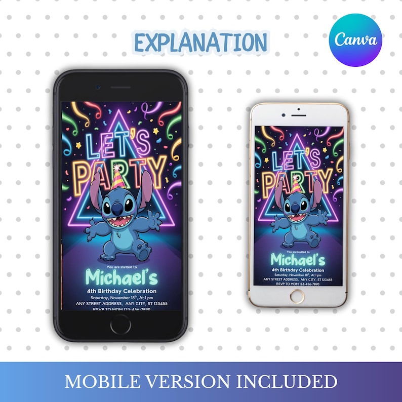 May include: Two smartphones displaying a birthday party invitation. The invitation features the text "LET'S PARTY" with a cartoon character. The invitation includes the name "Michael's" and event details. The design has a neon color scheme.