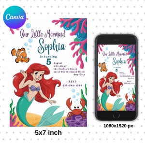 May include: A 5x7 inch invitation featuring a mermaid theme. The design includes a cartoon mermaid with red hair, a fish, and a crab. The invitation is for a birthday party and includes the name "Sophia".
