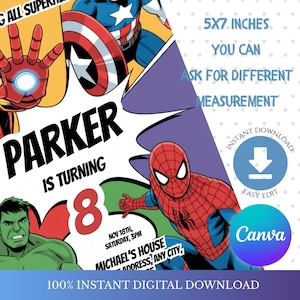 May include: A digital invitation featuring comic book style illustrations of superheroes, including Iron Man, Captain America, Spider-Man, and the Hulk. The invitation is for an 8th birthday party, with the name "Parker" and event details. The size is 5x7 inches.