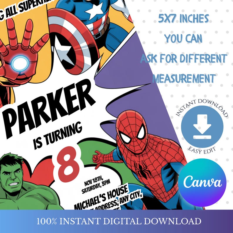 May include: A digital invitation featuring comic book style illustrations of superheroes, including Iron Man, Captain America, Spider-Man, and the Hulk. The invitation is for an 8th birthday party, with the name "Parker" and event details. The size is 5x7 inches.