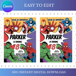 May include: Two superhero-themed birthday party invitations. Each features Iron Man, Captain America, Hulk, and Spider-Man. The invitations are for Parker's 8th birthday, with event details and a call to action to RSVP.