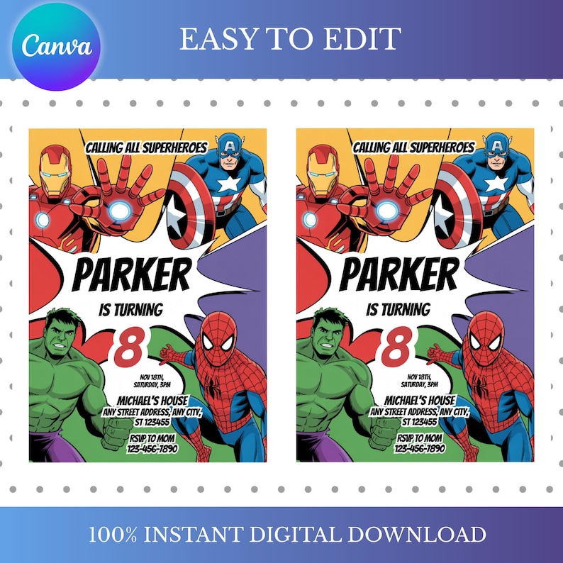 May include: Two superhero-themed birthday party invitations. Each features Iron Man, Captain America, Hulk, and Spider-Man. The invitations are for Parker's 8th birthday, with event details and a call to action to RSVP.