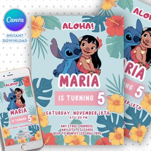 Stitch Birthday Invitation, Lilo And Stitch Birthday Invite, Stitch Birthday Party Invitation Template, Stitch Birthday Girl, Canva Editable