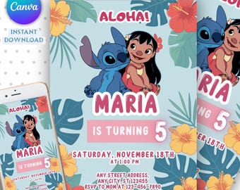 Stitch Birthday Invitation, Lilo And Stitch Birthday Invite, Stitch Birthday Party Invitation Template, Stitch Birthday Girl, Canva Editable
