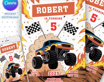 Monster Truck Invite, Editable Monster Truck Birthday Invitation Template For Boys, Trucks Birthday Invite, Monster Truck Invitation
