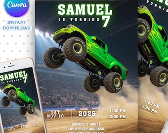 Monster Truck Birthday Invitation, Boy Monster Truck Birthday Invite, Monster Truck Invites, Editable 5x7 Canva Template