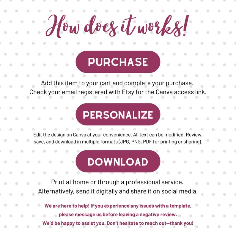 May include: A graphic with the text "How does it works!" in a cursive font. The steps are "PURCHASE", "PERSONALIZE", and "DOWNLOAD", each in a burgundy oval. Instructions are provided for each step, including editing on Canva and printing.