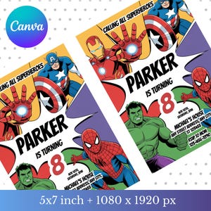 May include: Superhero-themed birthday party invitations featuring Captain America, Iron Man, Spider-Man, and the Hulk. The invitations are 5x7 inches and include the text "Calling All Superheroes" and details for Parker's 8th birthday party.