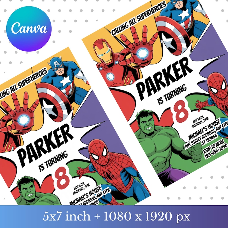 May include: Superhero-themed birthday party invitations featuring Captain America, Iron Man, Spider-Man, and the Hulk. The invitations are 5x7 inches and include the text "Calling All Superheroes" and details for Parker's 8th birthday party.