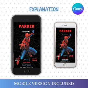 May include: Two smartphones displaying a birthday invitation with a Spider-Man theme. The invitation reads "PARKER IS TURNING 4" with event details. The design includes a web background and the text "MOBILE VERSION INCLUDED".