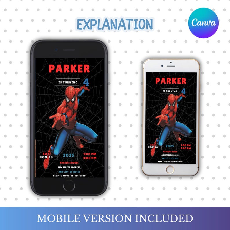 May include: Two smartphones displaying a birthday invitation with a Spider-Man theme. The invitation reads "PARKER IS TURNING 4" with event details. The design includes a web background and the text "MOBILE VERSION INCLUDED".