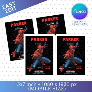 May include: A set of four Spider-Man themed birthday party invitations. The invitations feature a red and blue Spider-Man graphic on a black background with a spiderweb design. The text reads "PARKER IS TURNING 4". The invitations are 5x7 inches.
