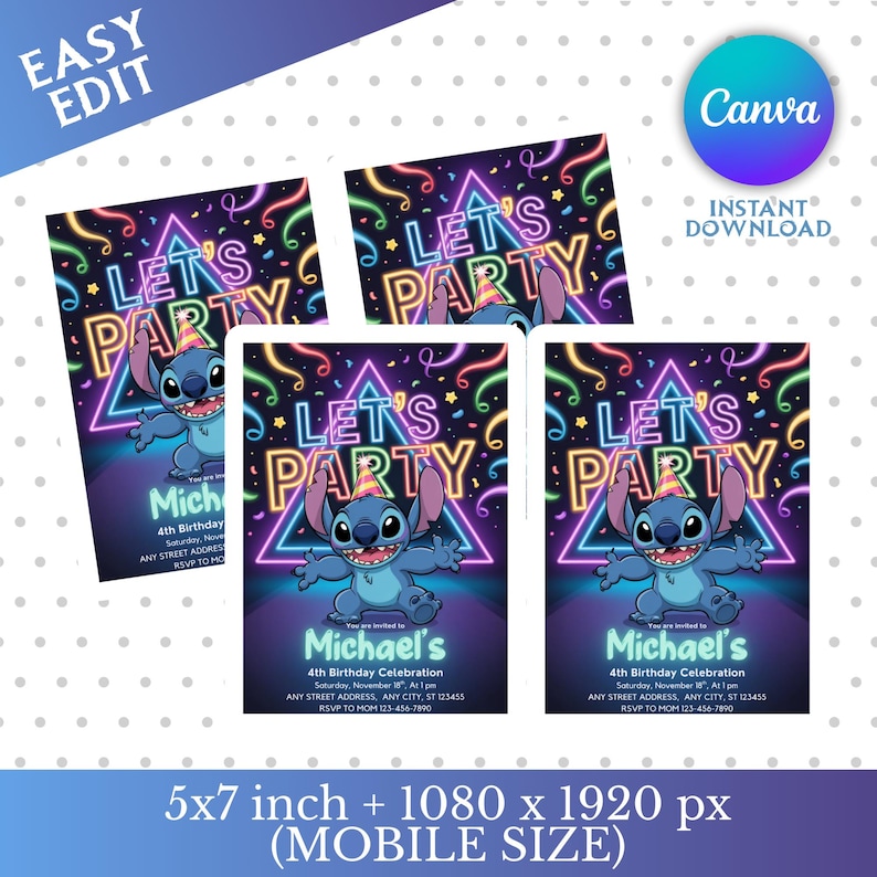 May include: Four invitation cards with a blue cartoon character, Stitch, and the text "LET'S PARTY". The cards are designed for a 4th birthday celebration, with the name "Michael's" and event details. The cards are 5x7 inches.