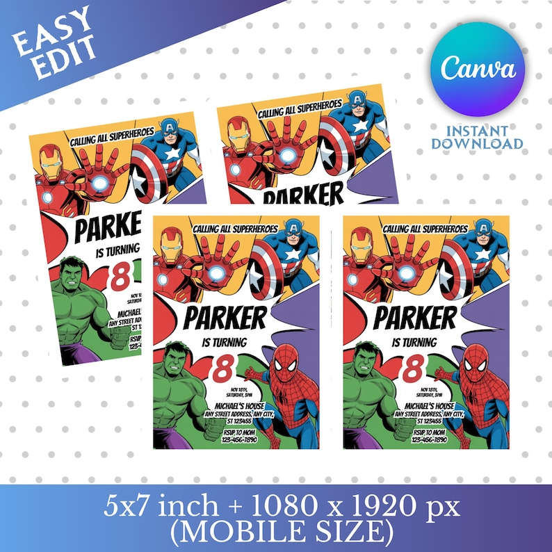 May include: Superhero-themed birthday party invitations. The design features illustrations of Iron Man, Captain America, Spider-Man, and the Hulk. The invitations are 5x7 inches and include the text "Parker is turning 8".