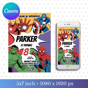 May include: A superhero-themed birthday invitation featuring Iron Man, Captain America, Spider-Man, and the Hulk. The invitation reads "Calling All Superheroes" and includes the name "Parker", the number "8", and party details.