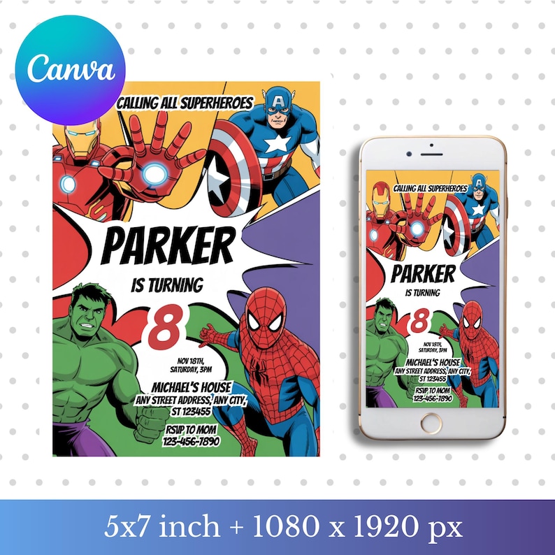 May include: A superhero-themed birthday invitation featuring Iron Man, Captain America, Spider-Man, and the Hulk. The invitation reads "Calling All Superheroes" and includes the name "Parker", the number "8", and party details.