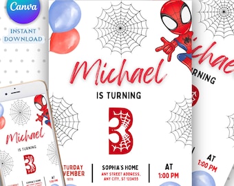 3rd Spidey Birthday Invitation, Editable Spiderman Superhero Invite, Spidey and His Amazing Friends, Canva Template, Spiderman Card For Kids
