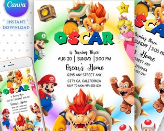Invitación editable de Super Mario, invitación de cumpleaños de Mario Bros., invitaciones imprimibles para fiesta de cumpleaños, plantilla digital para invitación de cumpleaños