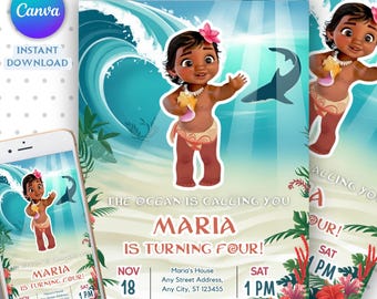 Editable Moana Invitation, Moana Invite, Kids Theme Party Digital Birthday Invite, Hawaiian Kids Party Template, Instant Download Invitation