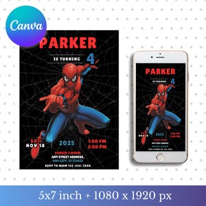 May include: A Spider-Man themed birthday invitation with the name "PARKER" in red, and the number "4". The invitation includes the date, time, and location details. A smartphone displays the same invitation.