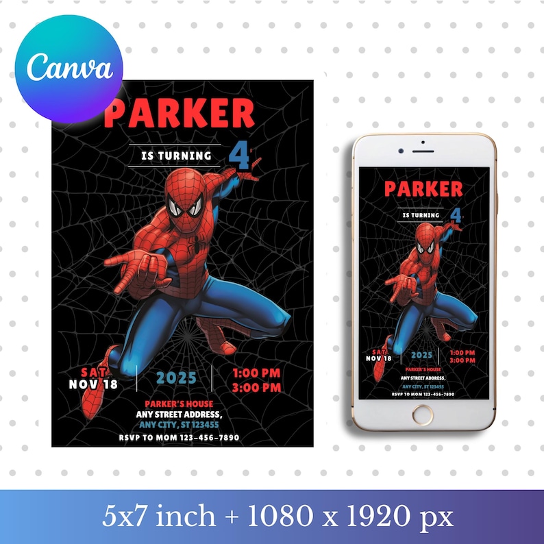May include: A Spider-Man themed birthday invitation with the name "PARKER" in red, and the number "4". The invitation includes the date, time, and location details. A smartphone displays the same invitation.