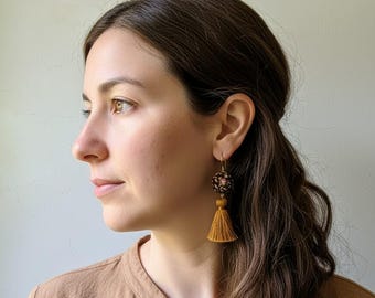 70s Earrings Handmade With Vintage Brown Mustard Yellow Fabric, Tassels, Funky Boho Style Gift