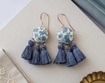 Faded Cornflower Blue And Ivory Earrings: Dusty Blue Tassels, Vintage Floral Fabric, Grandmillennial Style
