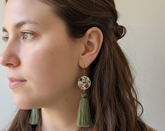 Lightweight Sage Green Tassel Earrings, Beige Vintage Floral Fabric, Rustic Boho Cottagecore Jewelry