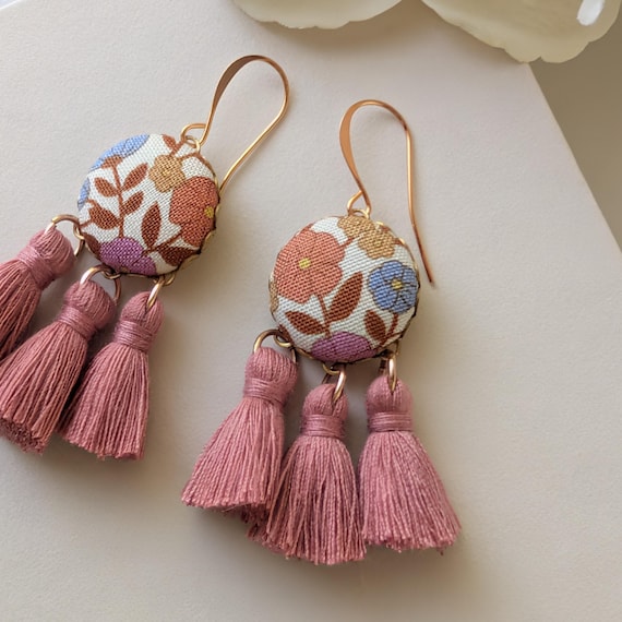 Colorful Boho Earrings: Fun Orange Floral Fabric With Short Mauve Pink Tassel Fringe