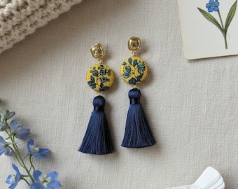 French Provincial Blue And Yellow Tile Earrings, Floral Textile From France With Navy Tassels