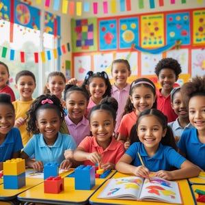 Könnte beinhalten: Eine Gruppe lächelnder Kinder in einem farbenfrohen Klassenzimmer. Sie sitzen an Tischen mit Bausteinen und Büchern. Das Klassenzimmer ist mit bunten Bannern und Postern dekoriert, was eine fröhliche Lernumgebung schafft.