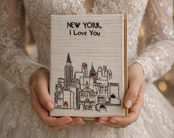 Personalisierte gestickte Hochzeitsbuch Tasche Clutch Erinnerungsbox New York, ich liebe dich