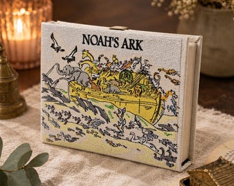 Personalisierte gestickte Hochzeit Buch Tasche Clutch Erinnerungsbox Arche Noah - Bibel