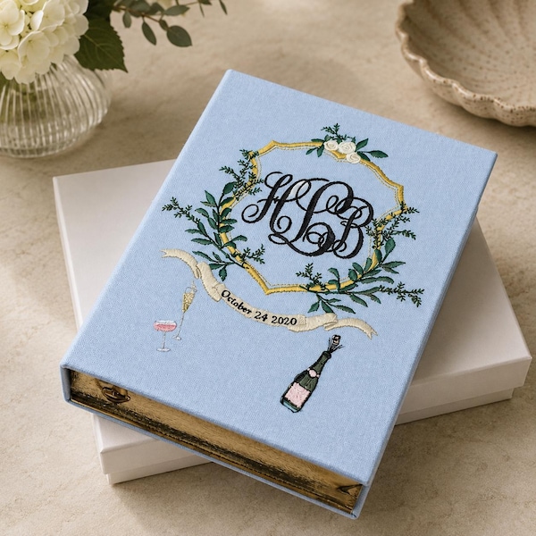 Bolso de mano personalizado con bordado de libro de bodas y monograma, caja de recuerdos personalizada con monograma.
