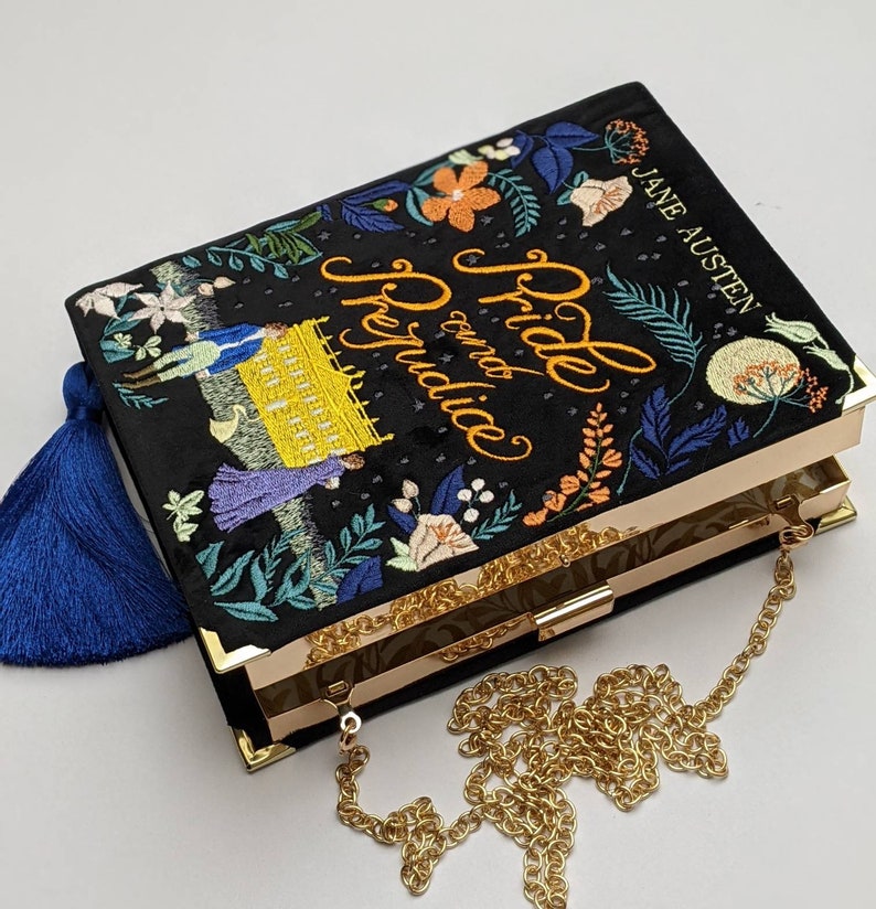 Embroidered Book Bag Clutch Purse Pride & prejudice image 1