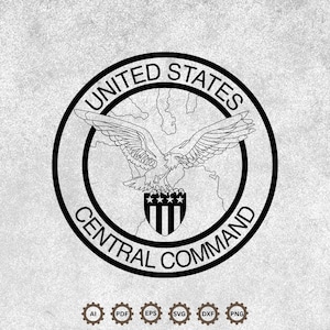 May include: A black and white circular emblem featuring a central eagle with wings spread, positioned above a shield with vertical stripes and stars. The text UNITED STATES CENTRAL COMMAND is arched around the border. Six file format icons appear below.
