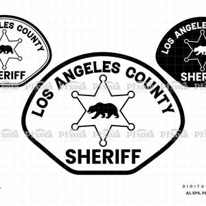 以下が含まれることがあります： 白黒のロサンゼルス郡保安官バッジのデザイン。バッジは、中央にクマが描かれた星と、周りに「Los Angeles County」と「Sheriff」の文字が描かれています。複数のバージョンが表示されています。