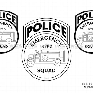 Peut inclure: Design d'insigne noir et blanc de l'escouade d'urgence de la police de New York. Le design présente une forme de bouclier avec le mot "POLICE" en haut, "EMERGENCY" et "NYPD" au centre, et une illustration de camion de pompiers vintage. Le mot "SQUAD" est en bas.