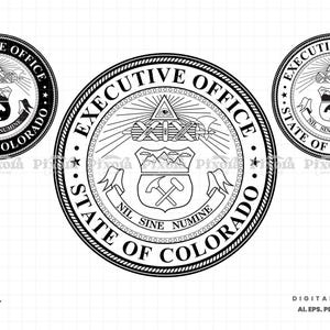 May include: Black and white vector graphic of the Colorado Executive Office seal. The seal features a central emblem with a mountain range, pickaxe, and the text "NIL SINE NUMINE". The words "EXECUTIVE OFFICE" and "STATE OF COLORADO" are also present.