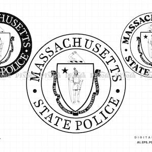 May include: Black and white Massachusetts State Police emblem design. The emblem features a shield with a figure, star, and banner, surrounded by the words "MASSACHUSETTS STATE POLICE" in a circular border. Digital download available.
