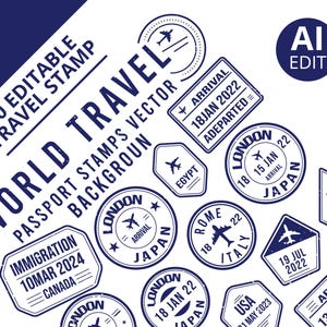 Bearbeitbares Pass-Stempel-Bundle | Reise Stempel Clipart | Urlaub Stempel | Tournüren Sticker | Illustrator Vorlage