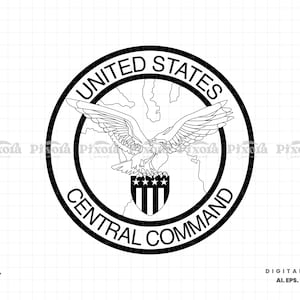 May include: Black and white graphic of the United States Central Command emblem. The design features an eagle with outstretched wings above a shield with stars, encircled by text reading "UNITED STATES CENTRAL COMMAND".