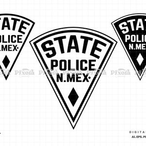 May include: Three black and white State Police badges from New Mexico. Each badge is a shield shape with the words "STATE POLICE N.MEX." The badges have a diamond shape at the bottom.