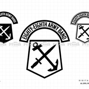 May include: Black and white graphic design featuring three versions of the "EIGHTY-EIGHTH ARMY BAND" logo. The logo includes a shield shape with a crossed sword and anchor, and the text "EIGHTY-EIGHTH ARMY BAND" in a curved banner.
