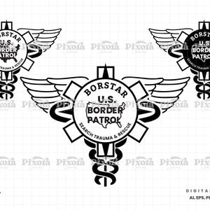 May include: Black and white graphic design featuring the text "BORSTAR U.S. BORDER PATROL SEARCH TRAUMA & RESCUE" within a circular emblem, wings, and a caduceus symbol. The design includes a map of the United States.