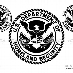 May include: Black and white digital graphic of the U.S. Department of Homeland Security seal. The seal features an eagle, shield, and text, with a rope-like border. The image includes multiple versions of the seal.