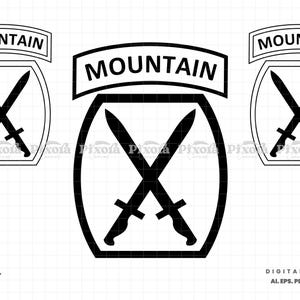 May include: Black and white graphic design featuring the word "MOUNTAIN" above a shield with two crossed swords. The design is repeated three times on a white grid background. The words "Digital Download" are at the bottom.