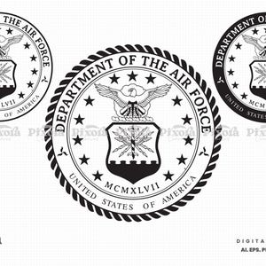 以下が含まれることがあります： 空軍省のエンブレムの白黒デジタルデザイン。エンブレムには、ワシ、星、および「Department of the Air Force」と「United States of America」を含むテキストが描かれています。