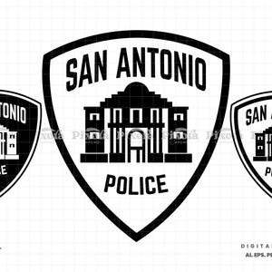 Puede incluir: Diseño de insignia de la policía de San Antonio en blanco y negro. El diseño presenta las palabras "SAN ANTONIO" sobre una ilustración de un edificio, con "POLICE" debajo. El diseño se repite tres veces.